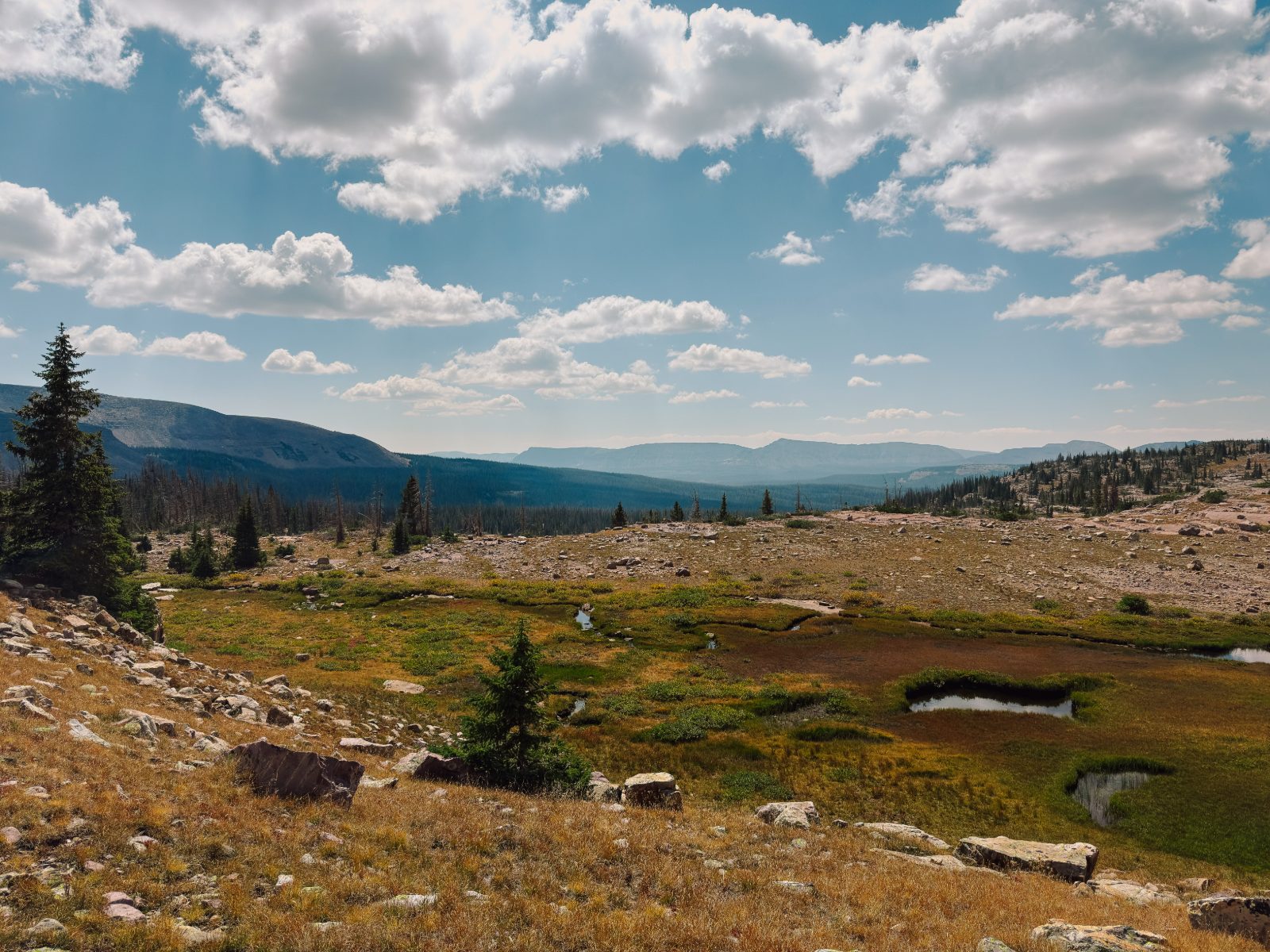 A bare alpine plateau under thin cloud with distant summits beyond